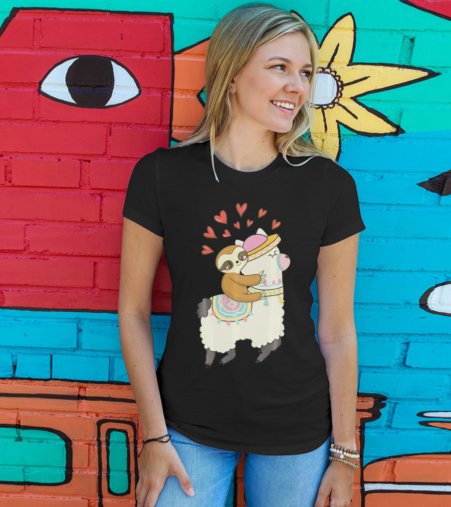 Cute Sloth Riding Llama Heart Va Love Llama Adventure T-Shirt