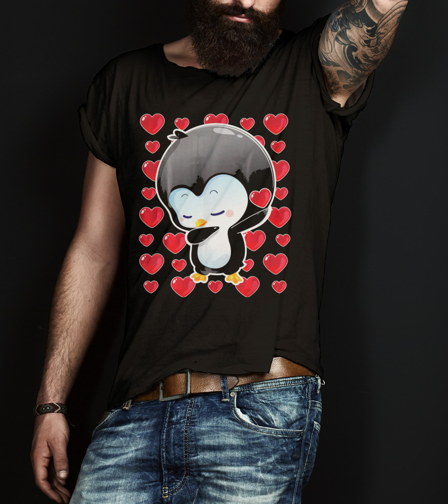 Valentines Day Penguin Dabbing Surrounded By Hearts T-Shirt
