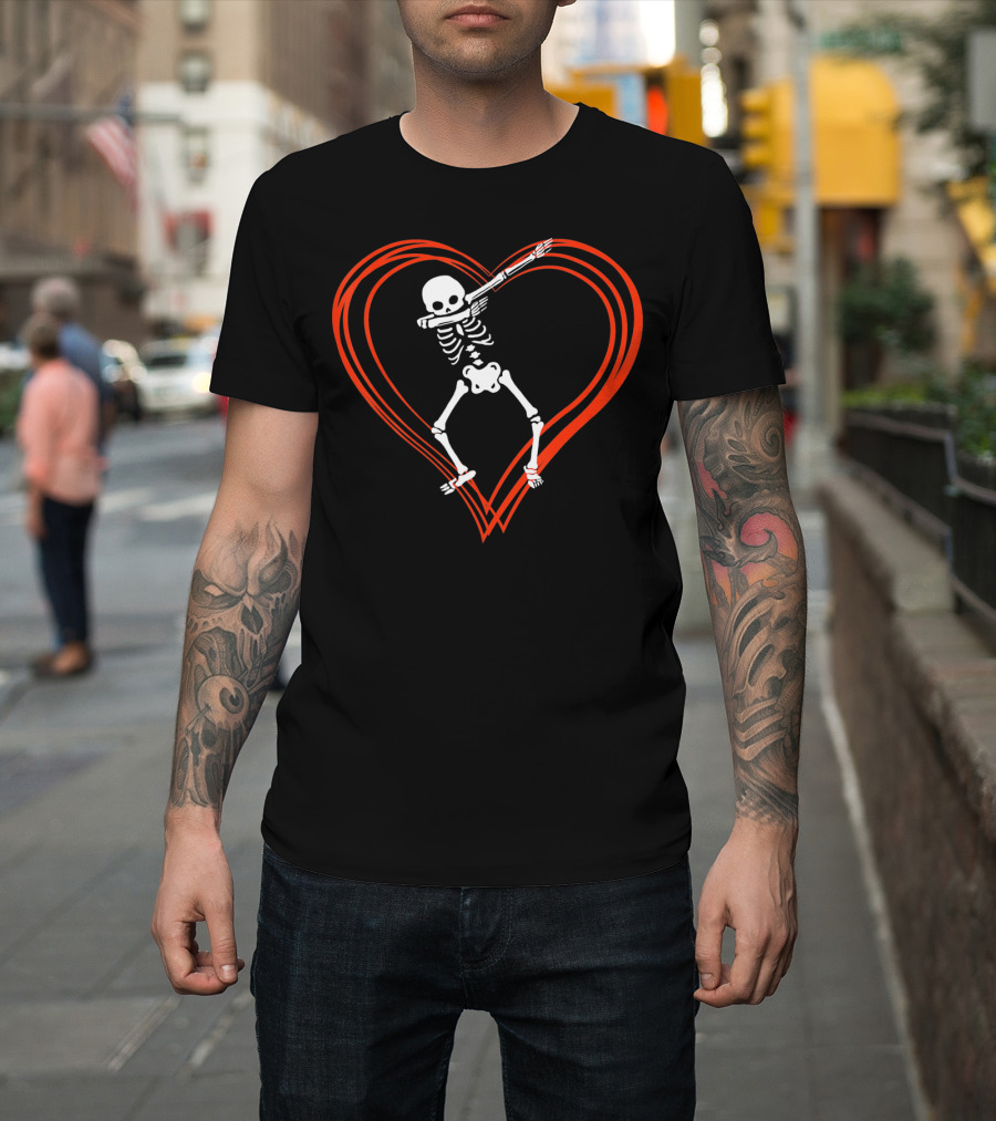 Dabbing Skeleton Dab Skull Heart Valentine Day T-Shirt