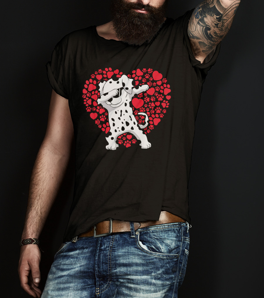 Dalmatian Dog Dabbing With Heart-Shaped Paw Print Valentine Fun T-Shirt