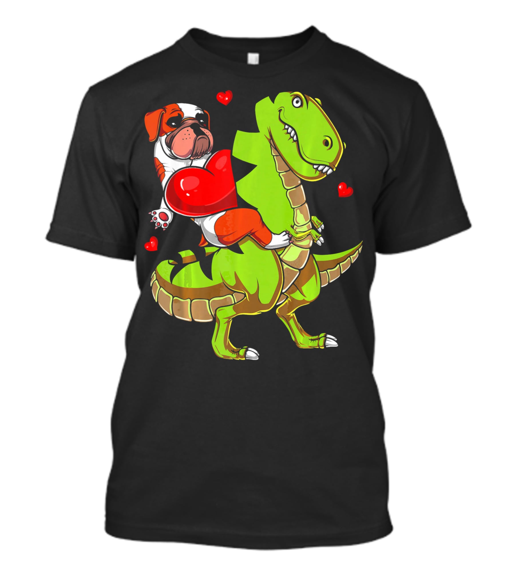 English Bulldog Hugging Red Heart Riding Green T-Rex Dinosaur With Hearts T-Shirt