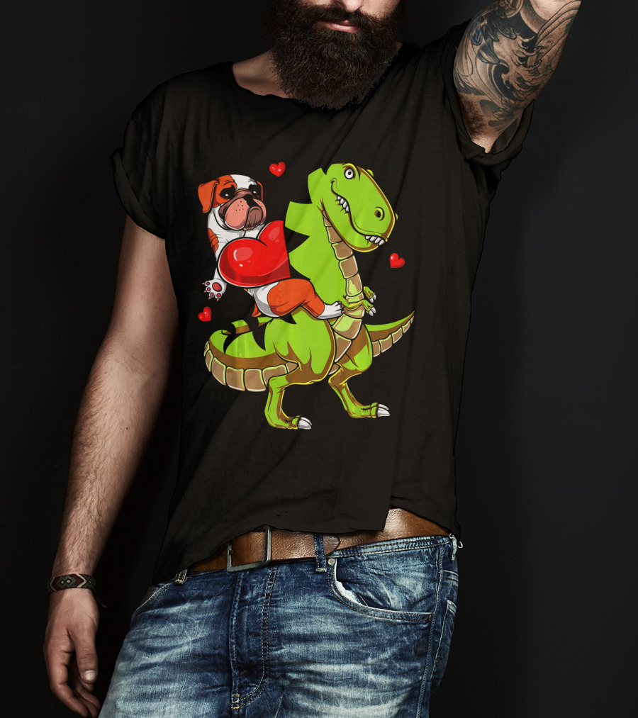 English Bulldog Hugging Red Heart Riding Green T-Rex Dinosaur With Hearts T-Shirt