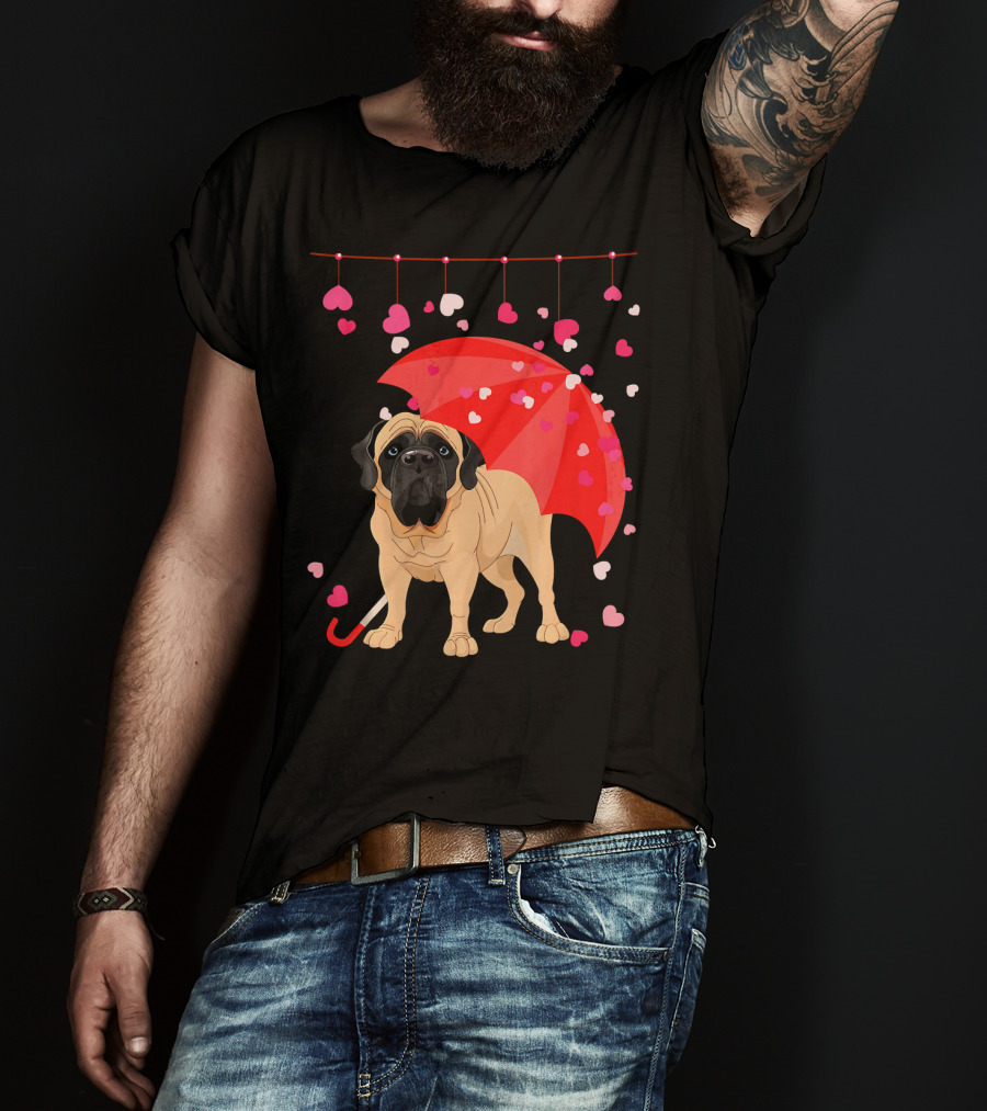 English Mastiff Under Red Umbrella With Raining Hearts Valentine T-Shirt
