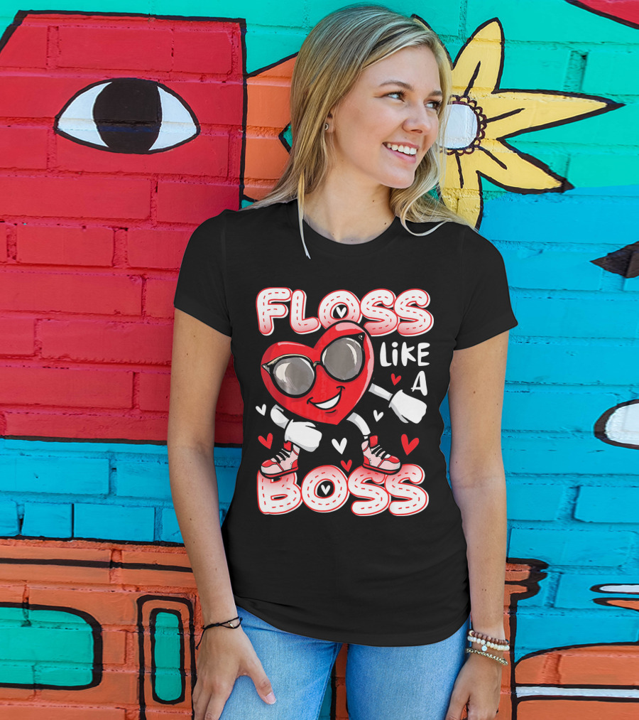 Floss Like A Boss Dancing Heart Sunglasses Valentines Fun T-Shirt