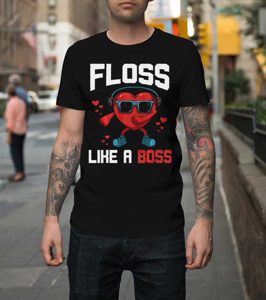 Floss Like A Boss Heart Sunglasses Headphones Valentine's Day T-Shirt
