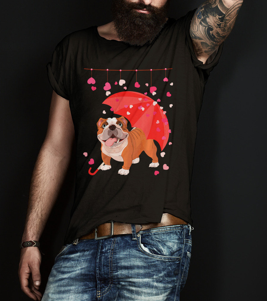 French Bulldog Raining Hearts Under Red Umbrella Valentines T-Shirt