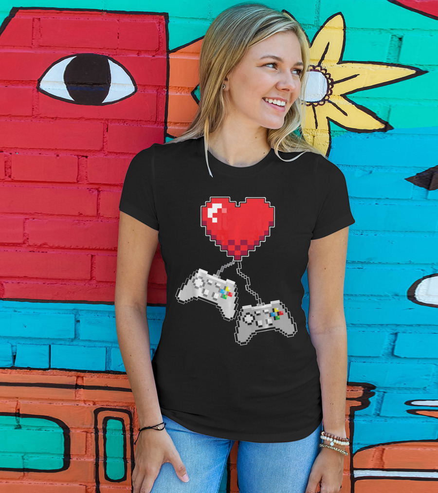 Pixel Heart Gaming Valentine Dual Controller Fun T-Shirt