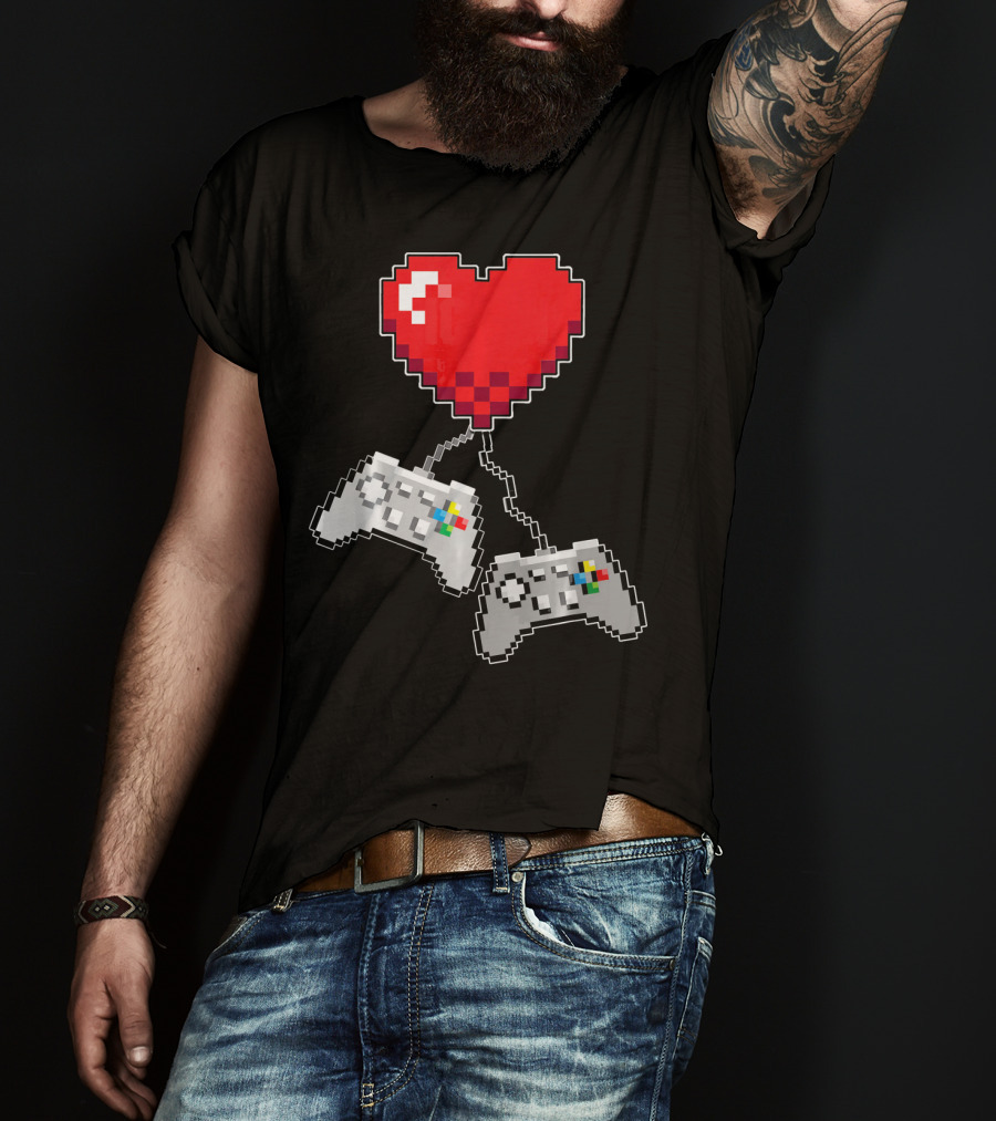 Pixel Heart Gaming Valentine Dual Controller Fun T-Shirt