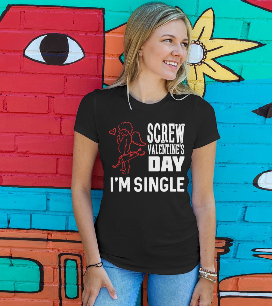 Screw Valentine's Day I'm Single Cupid Heart Drawing T-Shirt