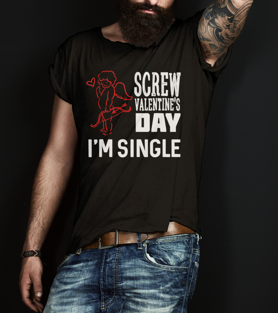 Screw Valentine's Day I'm Single Cupid Heart Drawing T-Shirt