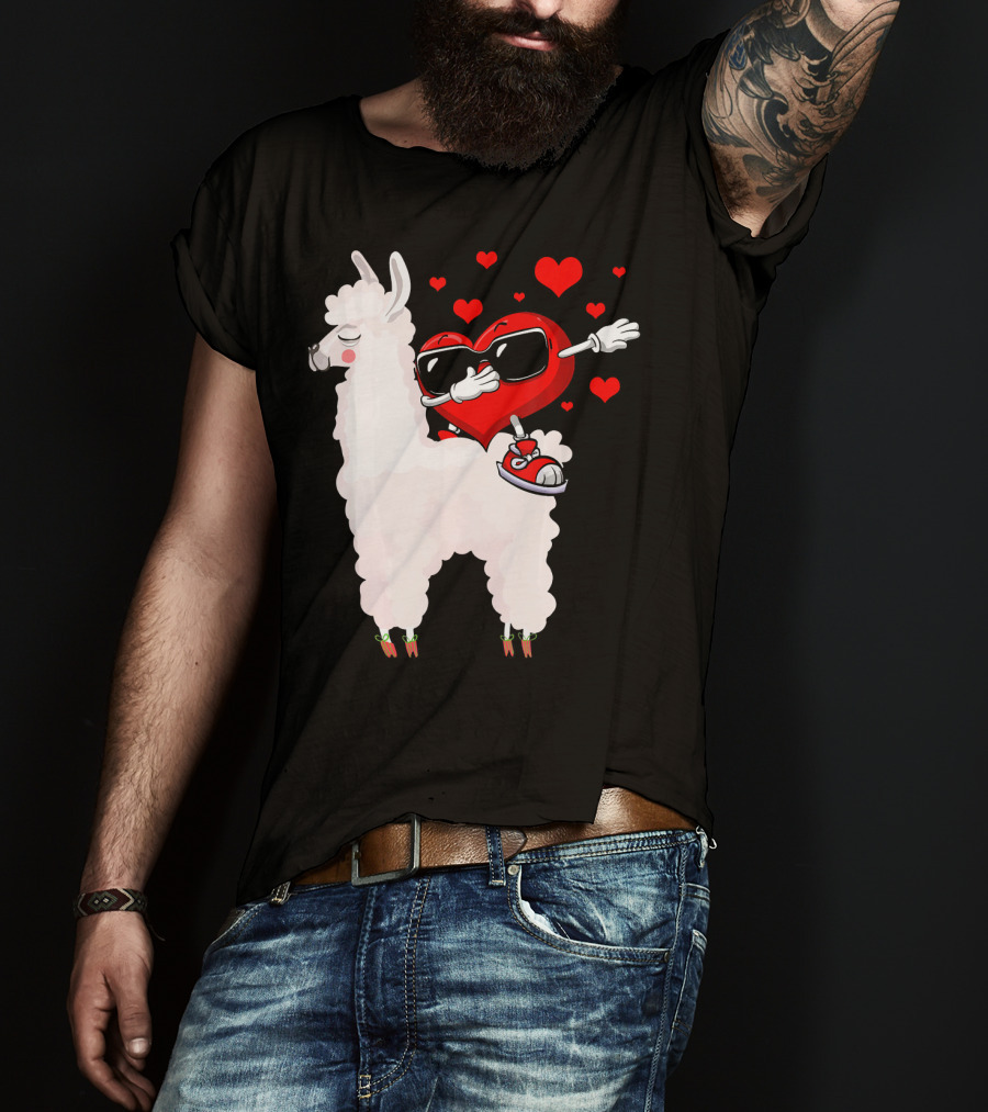 Funny Heart Dabbing On Llama Surrounded By Hearts Valentin T-Shirt