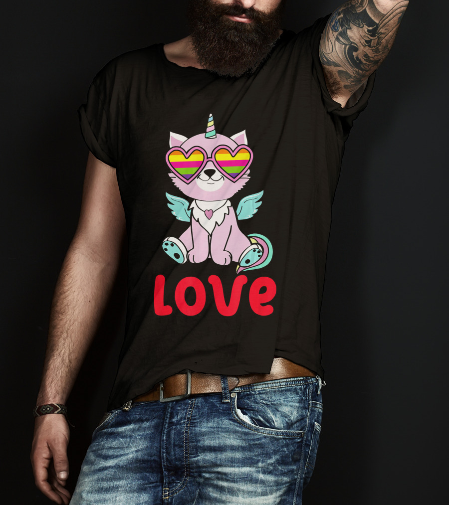 Valentines Day Love Heart Caticorn With Rainbow Sunglasses T-Shirt