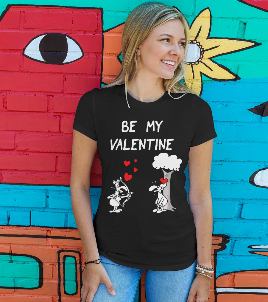 BE MY VALENTINE Funny Valentines Day Cupid Cartoon Hearts Tree T-Shirt