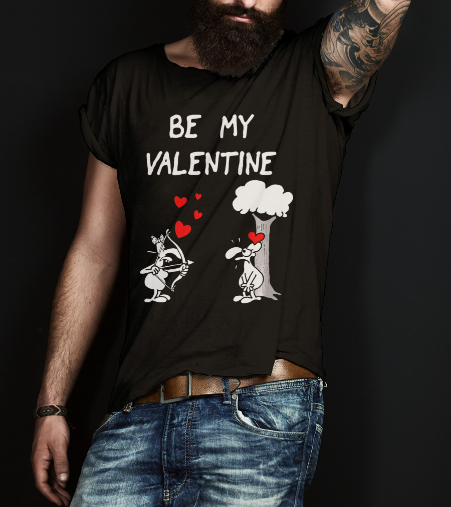 BE MY VALENTINE Funny Valentines Day Cupid Cartoon Hearts Tree T-Shirt