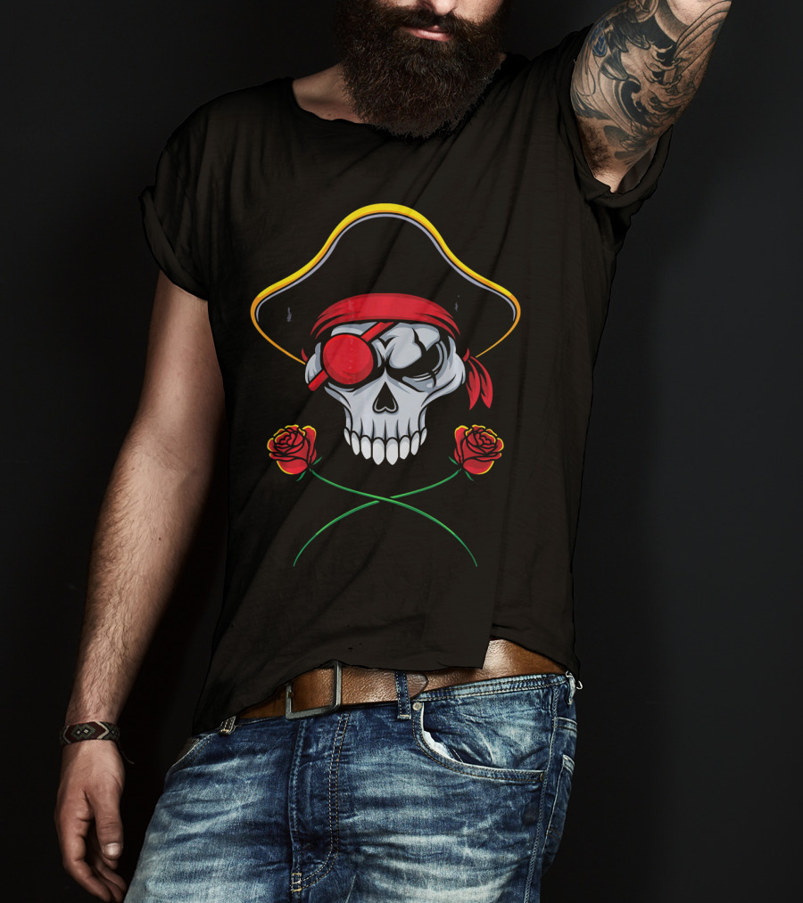 Funny Valentines Day Pirate Skull Roses Eyepatch Bandana T-Shirt