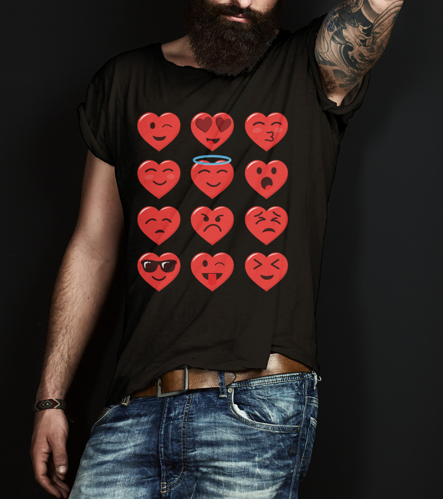 Funny Valentines Day Heart Emojico Winking Heart Eyes Angel Sunglasses Tongue Out T-Shirt
