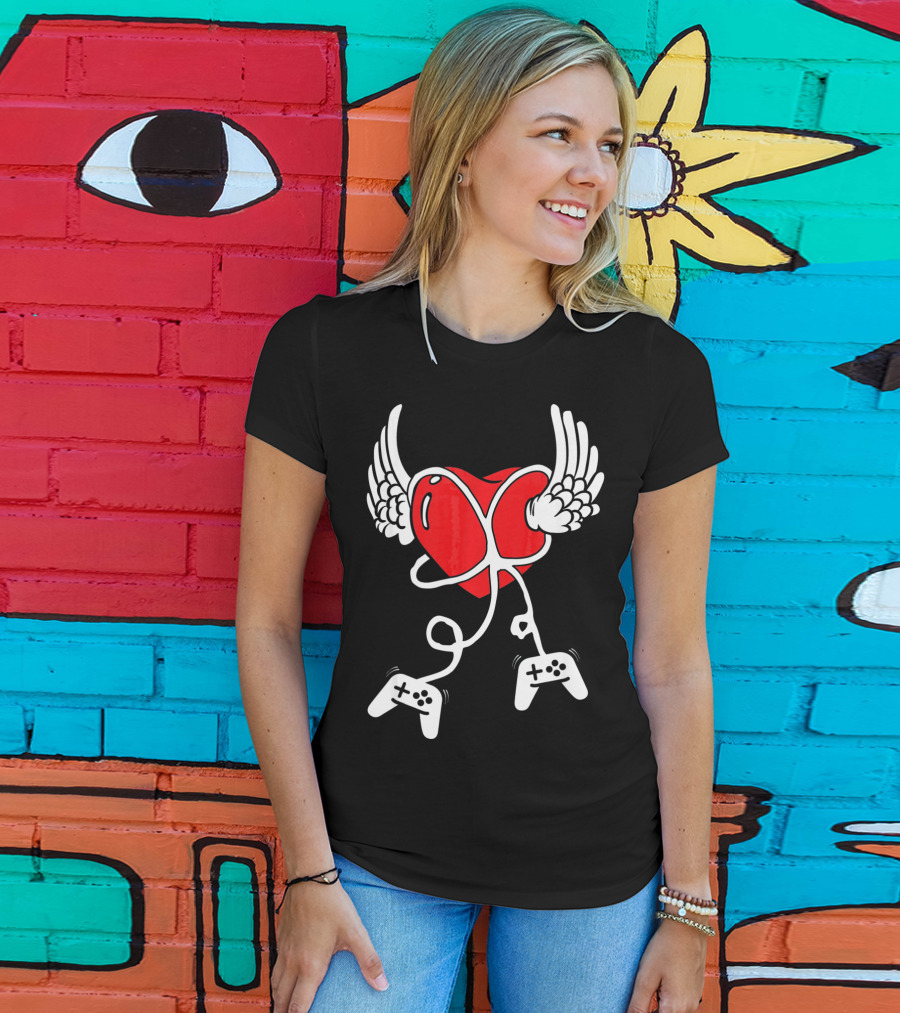 Valentines Day Heart With Wings And Video Gamer Controllers T-Shirt