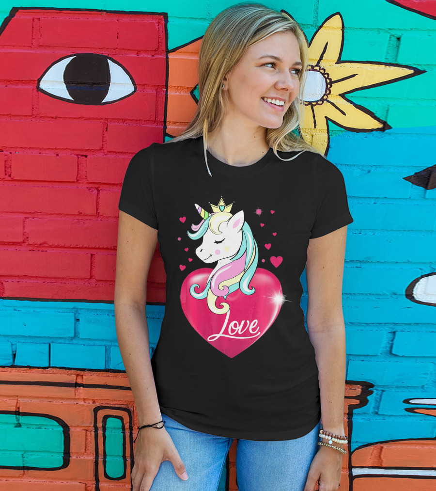 Love Heart Unicorn With Crown And Hearts Valentine's Day T-Shirt