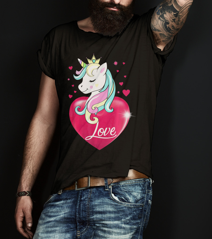 Love Heart Unicorn With Crown And Hearts Valentine's Day T-Shirt