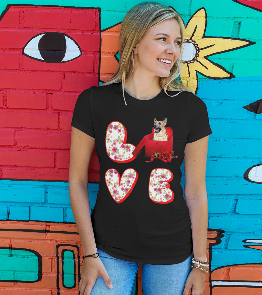 Valentine Love With German Shepherd In Floral Heart T-Shirt