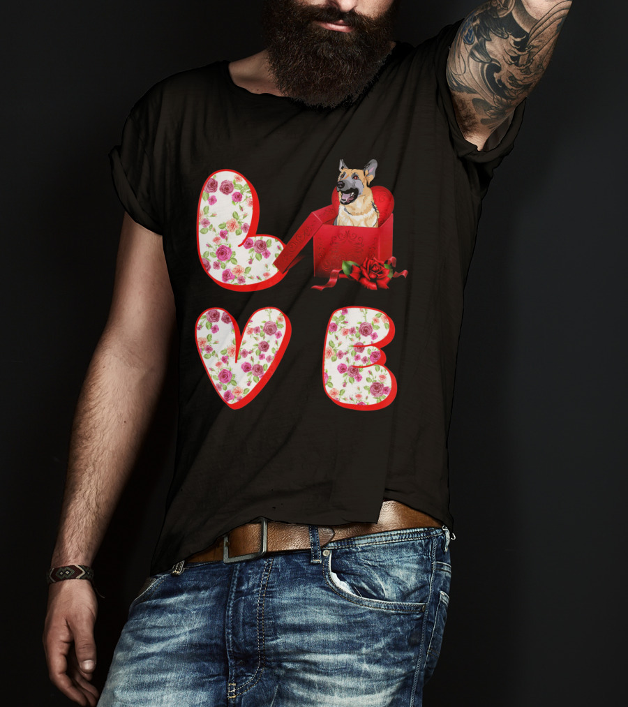 Valentine Love With German Shepherd In Floral Heart T-Shirt