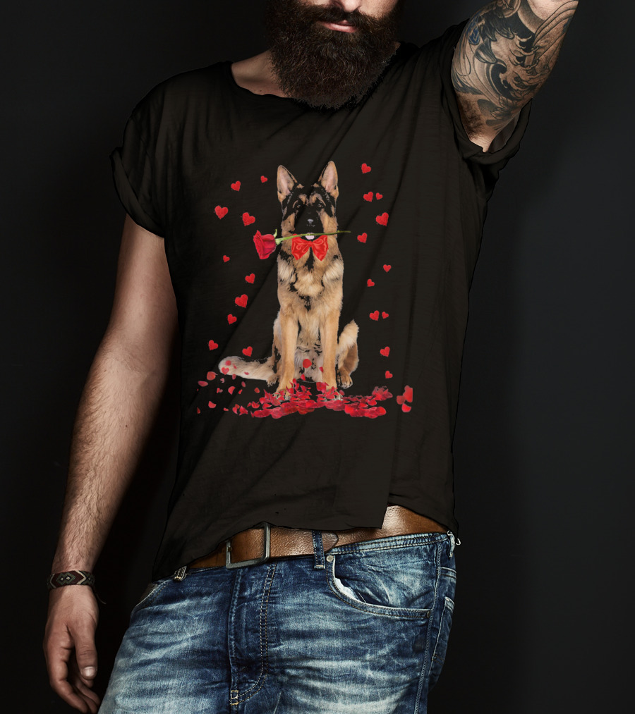 German Shepherd With Rose And Hearts Valentine's Day T-Shirt