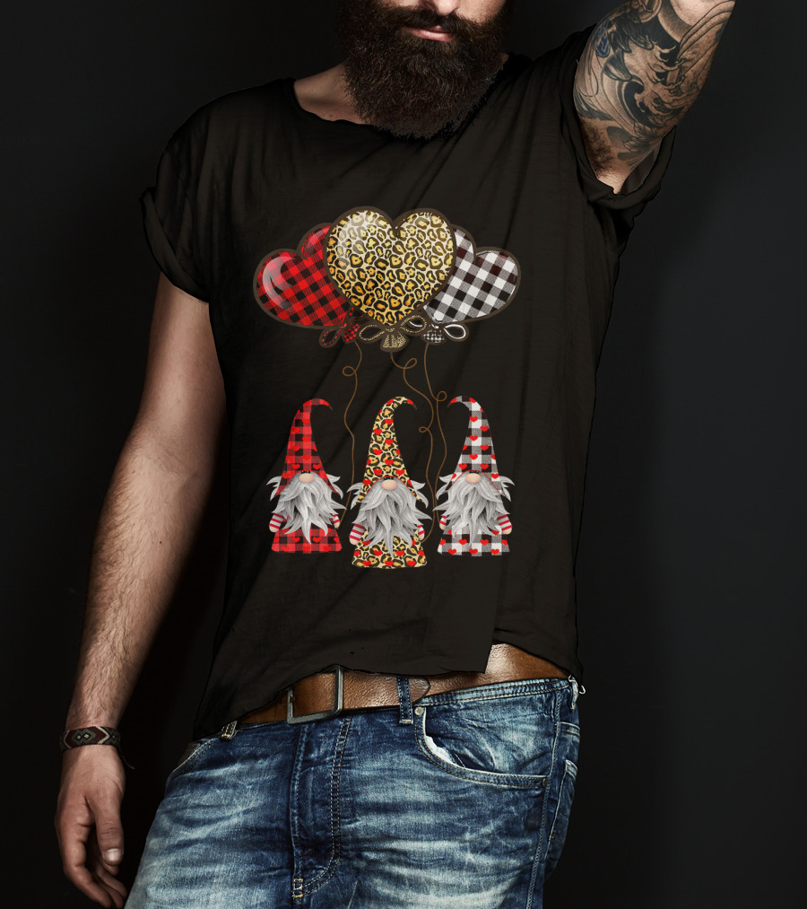Gnomes Holding Heart Balloons With Buffalo Plaid And Leopard Print T-Shirt