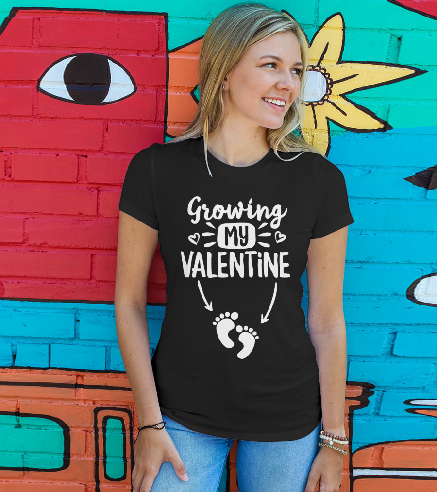 Growing My Valentine Pregnancy Announcement With Baby Footprints And Hearts T-Shirt