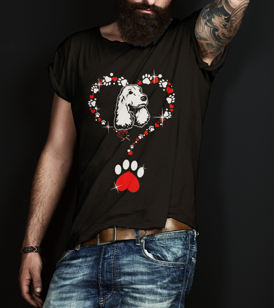 Happy Valentine Cocker Spaniel Dog Heart Paw Prints T-Shirt
