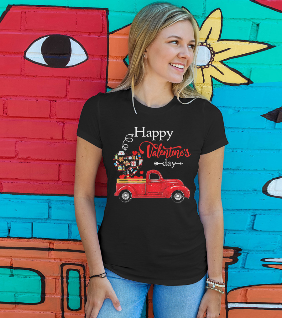 Happy Valentine's Day Red Truck With Heart-Shaped Balloons And Gifts T-Shirt