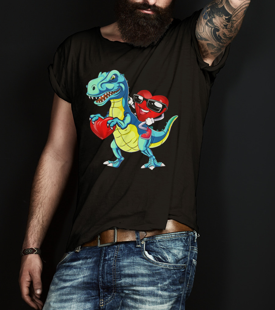 Valentine Heart With Sunglasses Riding Dinosaur With Heart T-Shirt