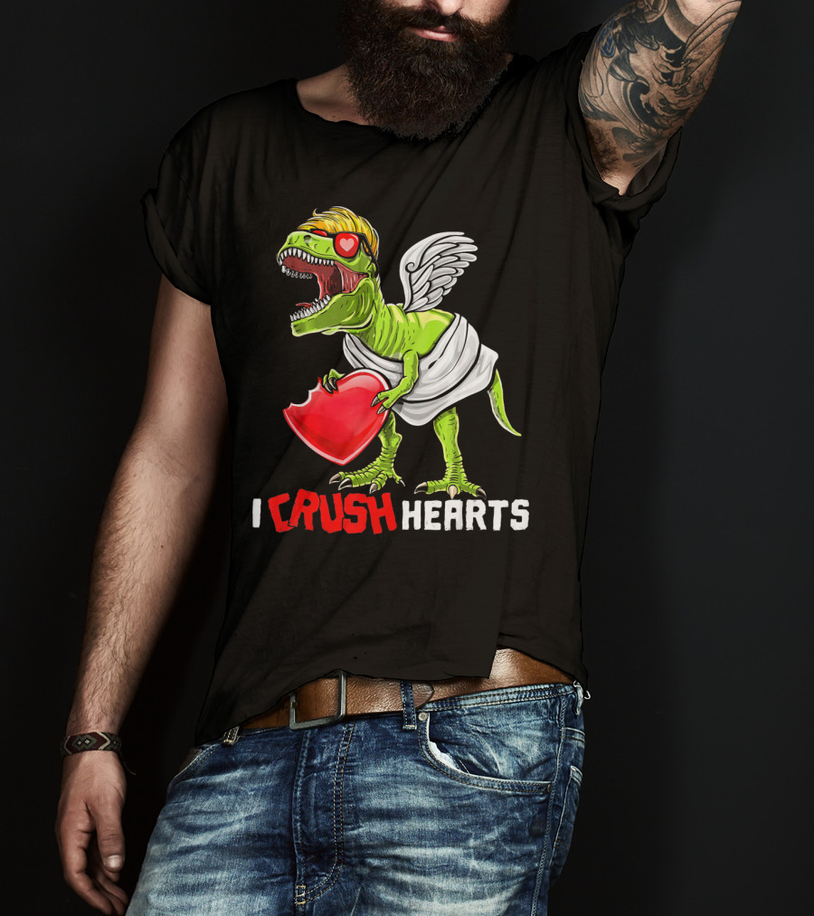 I Crush Hearts Valentine Day T-Rex With Wings And Heart T-Shirt
