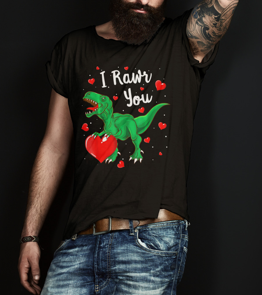 I Rawr You Dinosaur Valentine Green T-Rex With Red Hearts T-Shirt