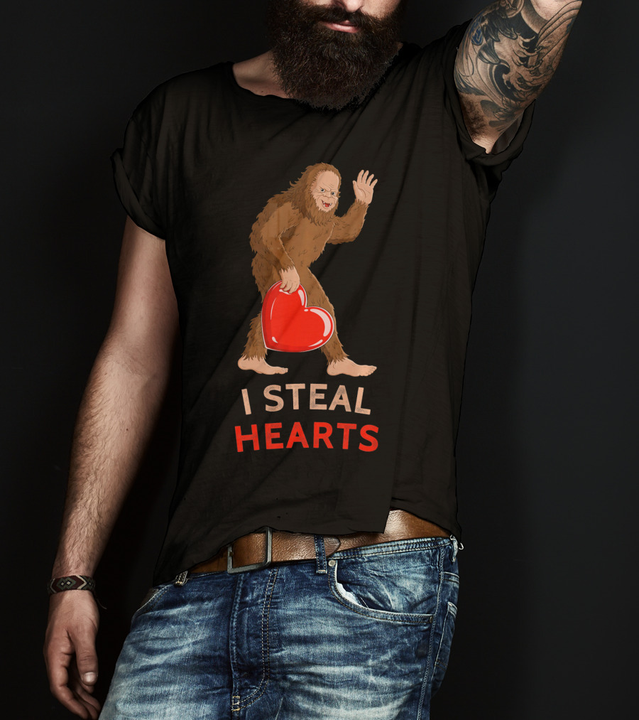 I Steal Hearts Bigfoot Valentine's Day Funny Sasquatch Image T-Shirt
