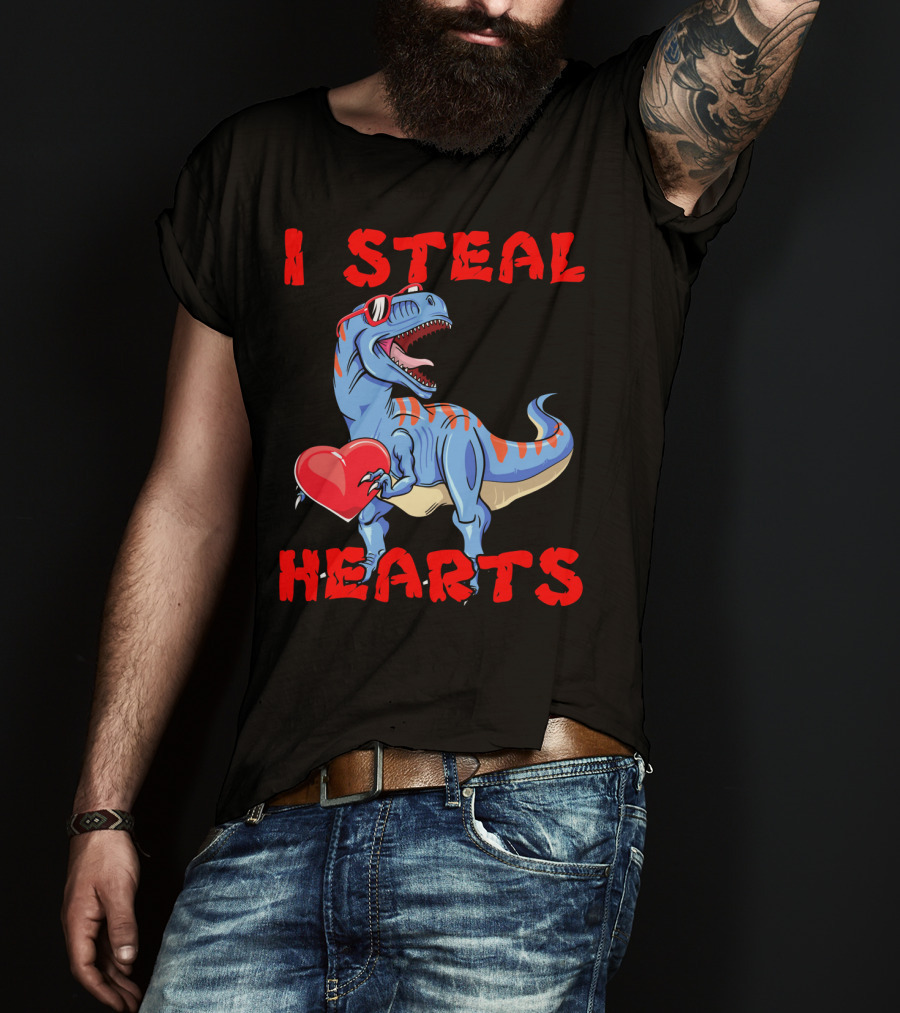 I Steal Hearts Dinosaur Valentines Red Heart Sunglasses T-Shirt