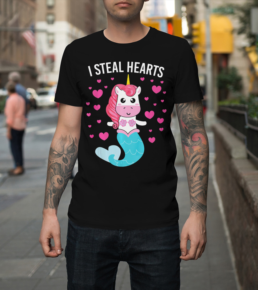 I Steal Hearts Cute Mermaid Unicorn Valentine Hearts T-Shirt