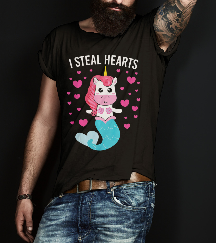 I Steal Hearts Cute Mermaid Unicorn Valentine Hearts T-Shirt
