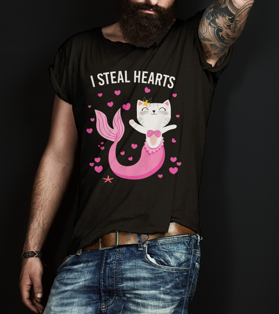 I Steal Hearts Purrmaid Cat Mermaid With Pink Hearts T-Shirt