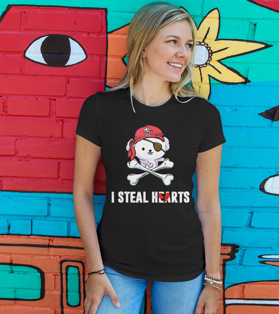 I Steal Hearts Bichon Frise Pirate With Eye Patch And Crossbones T-Shirt