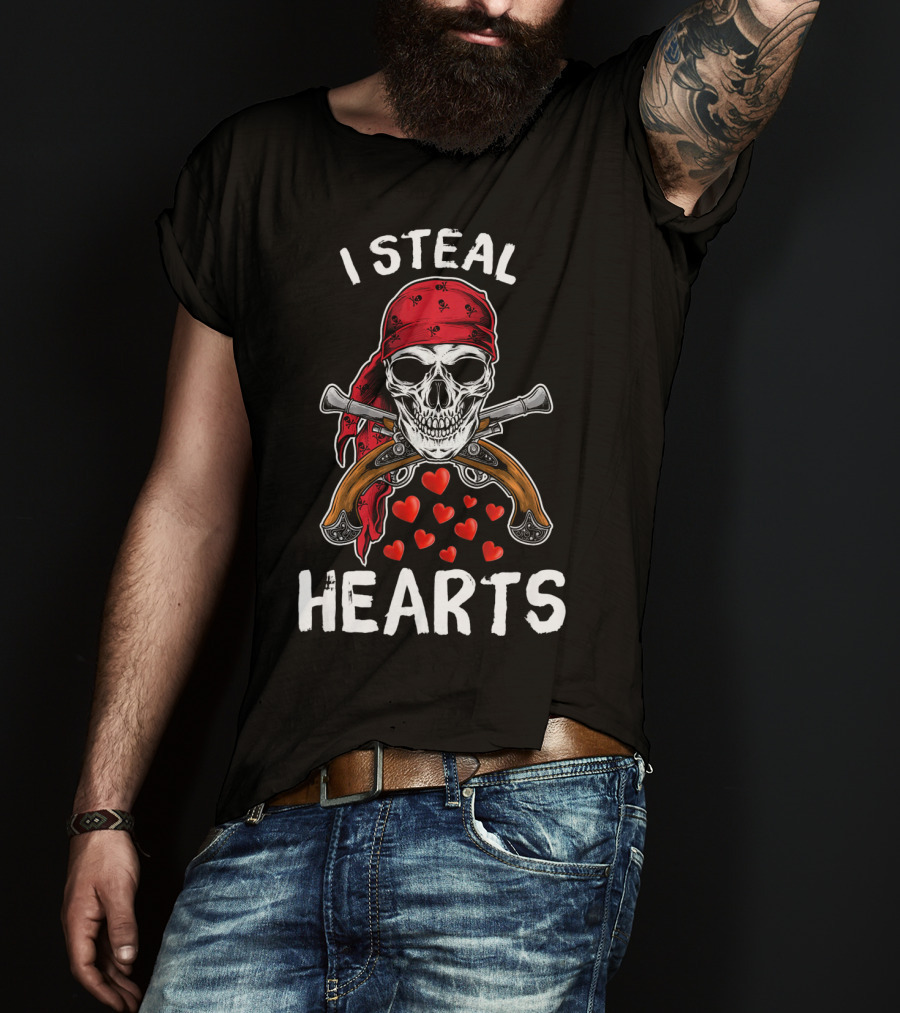 I Steal Hearts Valentines Day Pirate Skull Bandana Guns Hearts T-Shirt