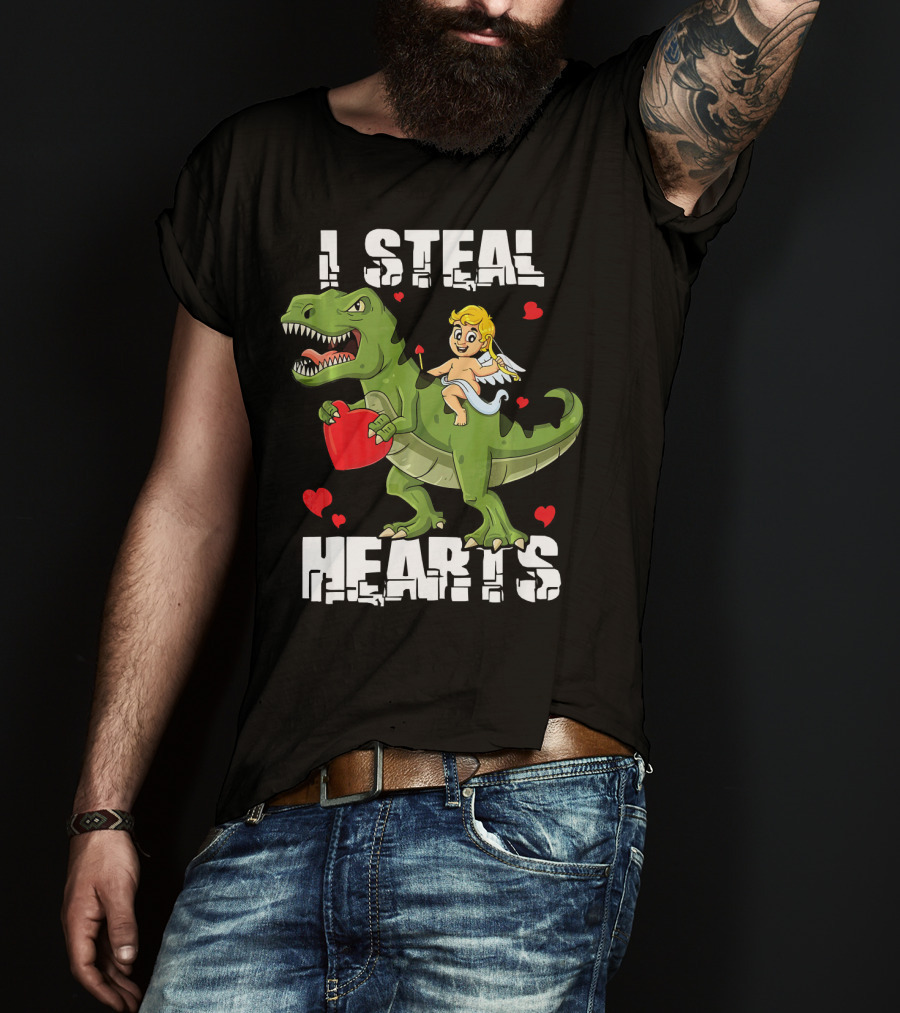 I Steal Hearts Dinosaur With Cupid And Valentines Hearts T-Shirt