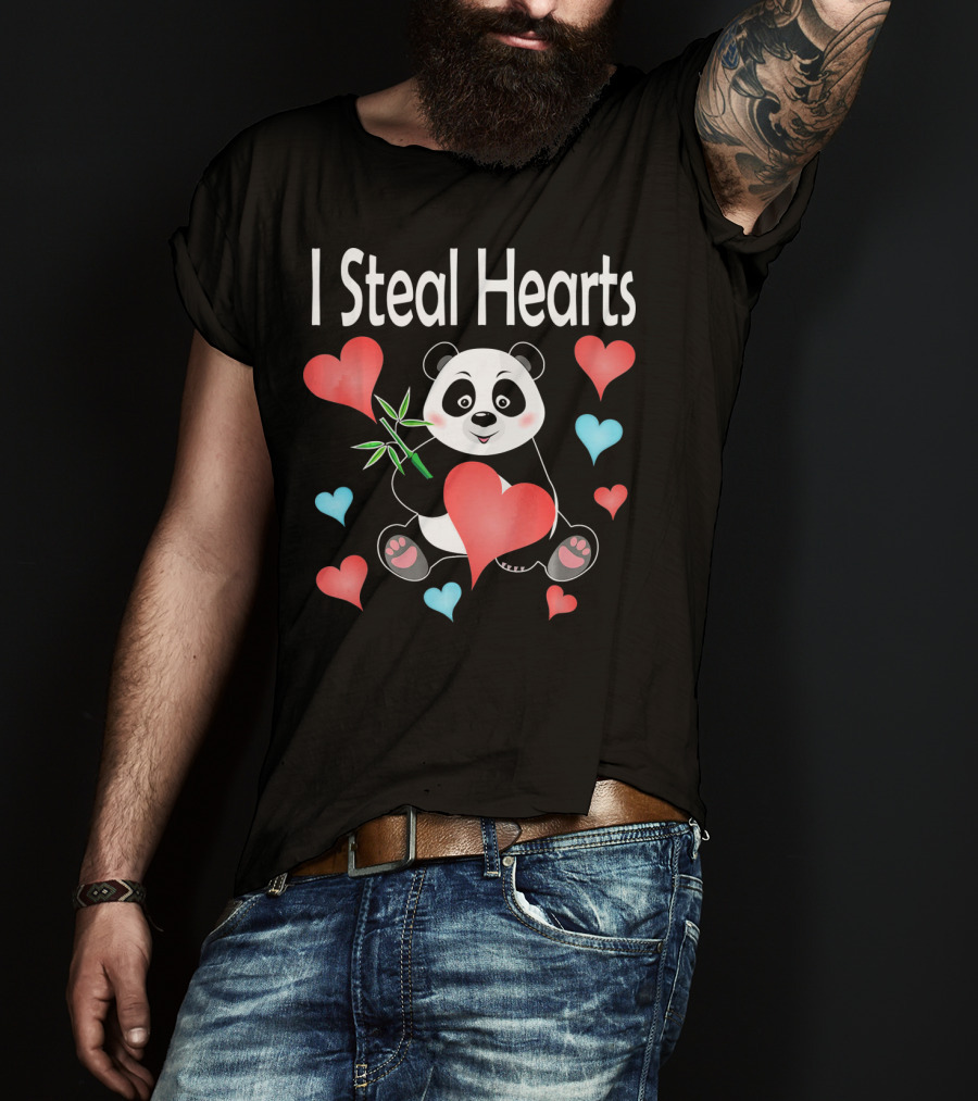 I Steal Hearts Valentines Day Panda Holding Heart And Bamboo T-Shirt