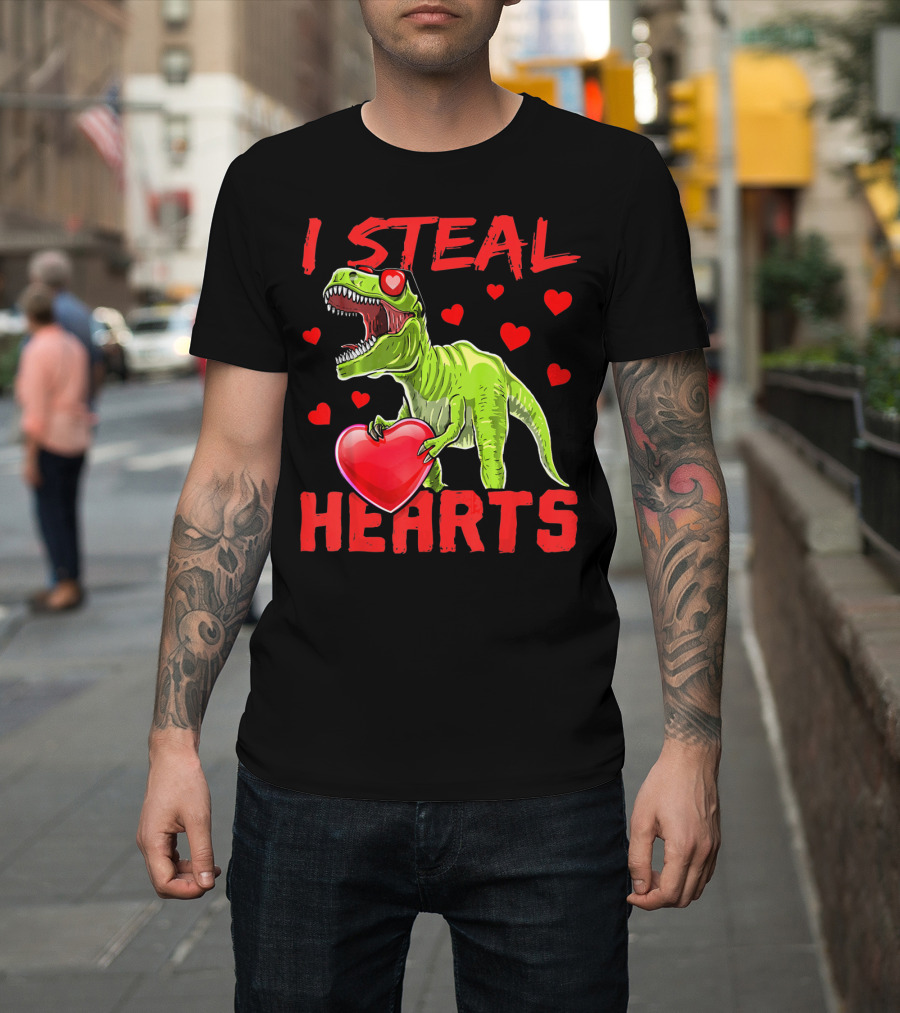 I Steal Hearts Valentines Day Rex Dino Holding Heart Surrounded By Hearts T-Shirt