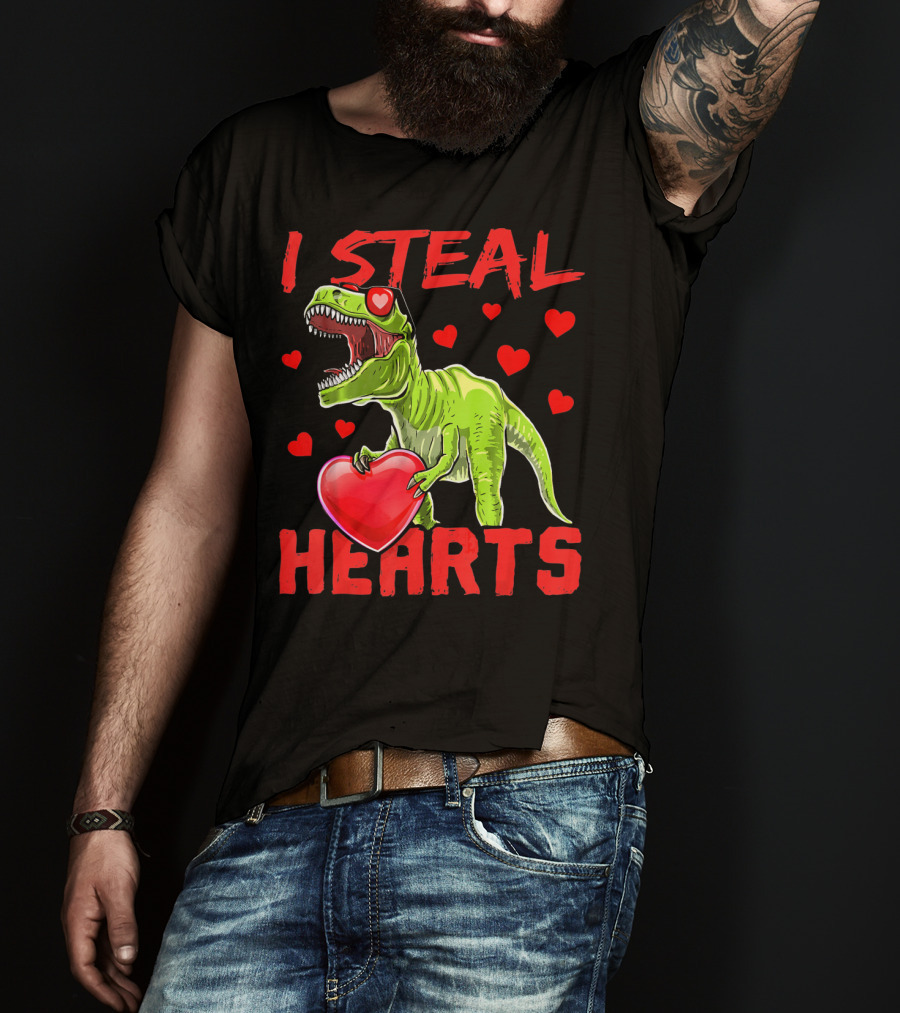 I Steal Hearts Valentines Day Rex Dino Holding Heart Surrounded By Hearts T-Shirt