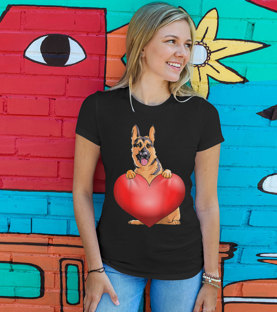 Kids Valentines Day German Shepherd Holding Heart T-Shirt