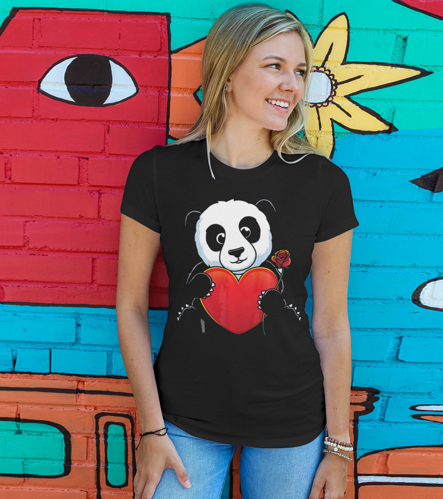 Panda Bear Holding Heart And Rose Valentines Day Love T-Shirt