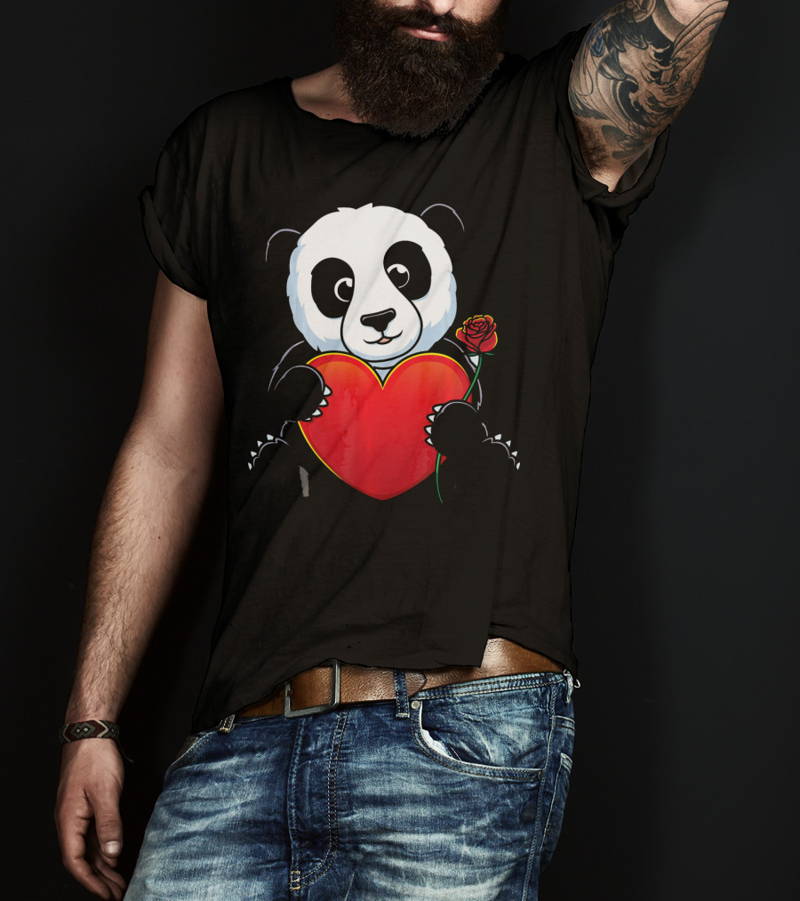 Panda Bear Holding Heart And Rose Valentines Day Love T-Shirt