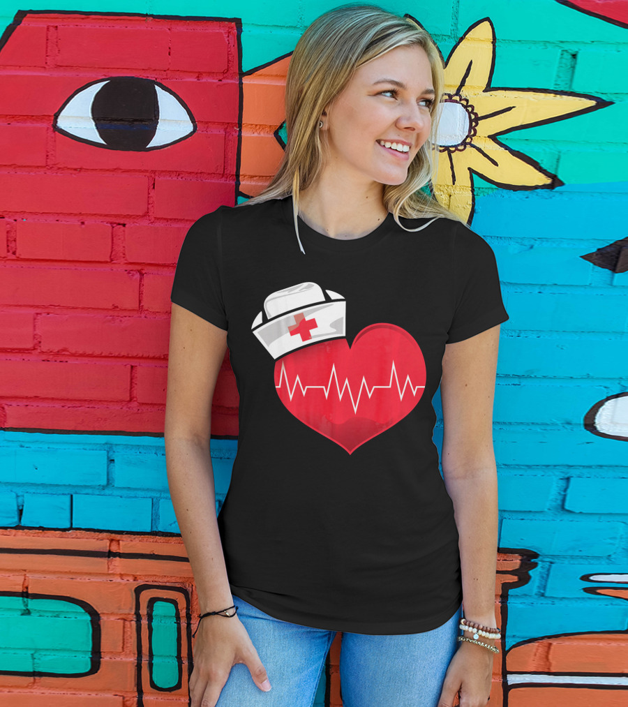 Nurse Heartbeat Valentine Costume With White Nurse Hat And Red Heartbeat Line T-Shirt