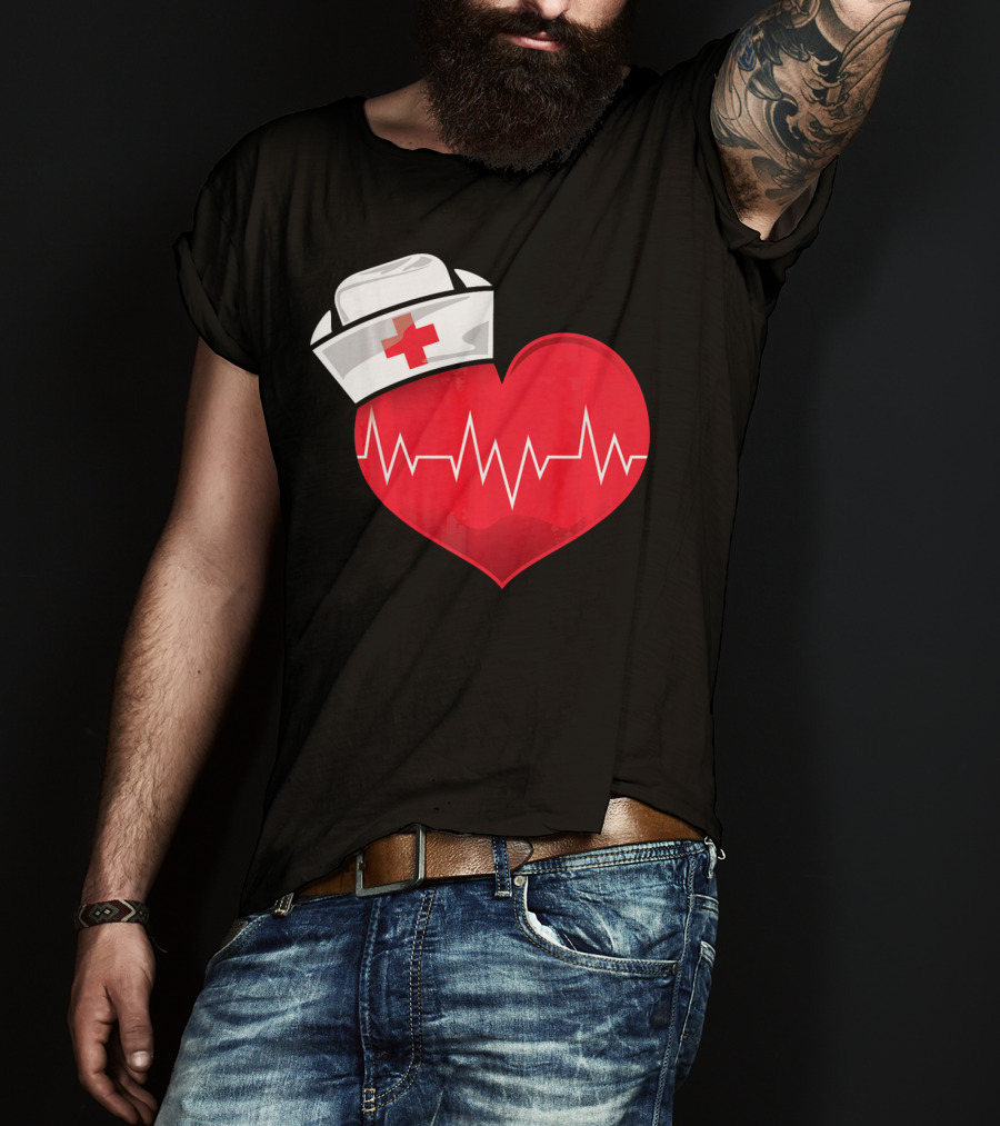 Nurse Heartbeat Valentine Costume With White Nurse Hat And Red Heartbeat Line T-Shirt