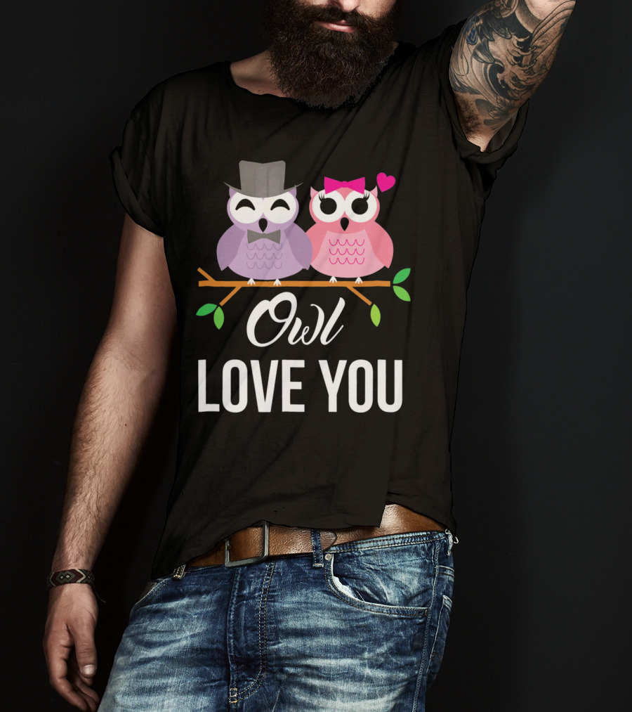 Owl Love You Valentines Pink And Purple Owls With Hats And Heart T-Shirt